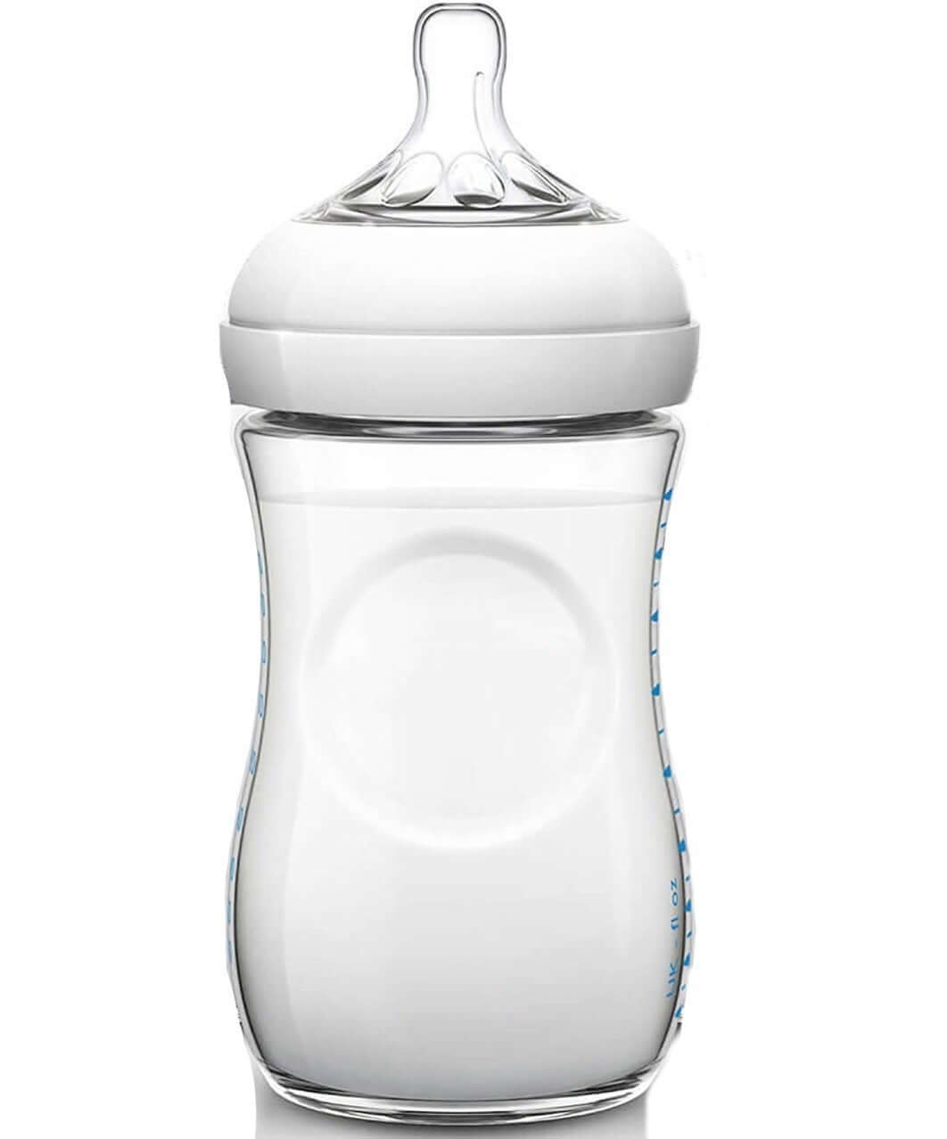 Transparent baby bottle with measurement markings